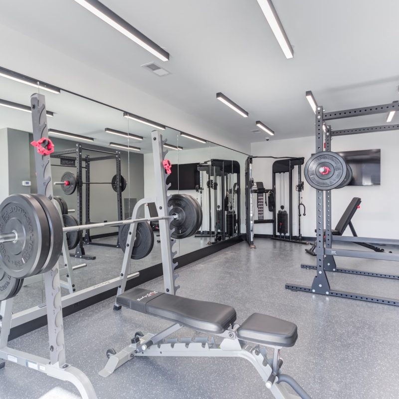Station 250 weight training area with free weights, exercise machines, and mirrored walls Mundelein IL