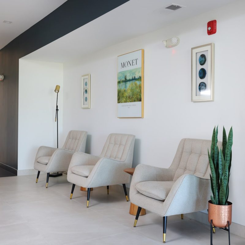 Station 250 modern lounge area with light gray upholstered armchairs, low table, and minimalist wall art Mundelein IL
