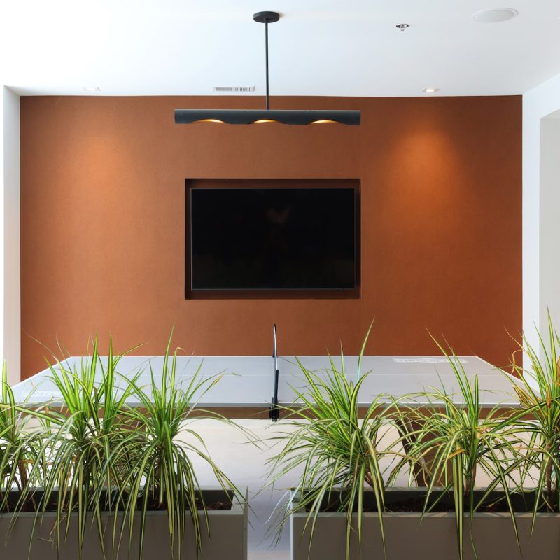 tation 250 resident lounge with orange accent wall, modern seating, wall-mounted TV, and contemporary design Mundelein IL